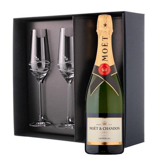 Moet And Chandon Brut Champagne 75cl And Flutes In Pine Wooden Gift Box